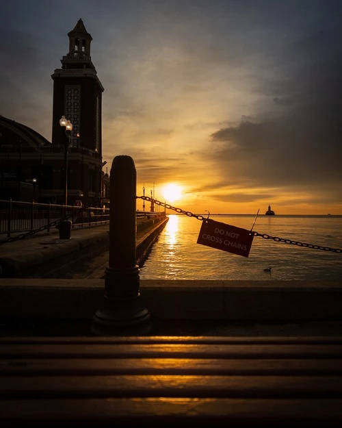 Navy Pier - From The south side of the pier looking Easy at sunrise, United States