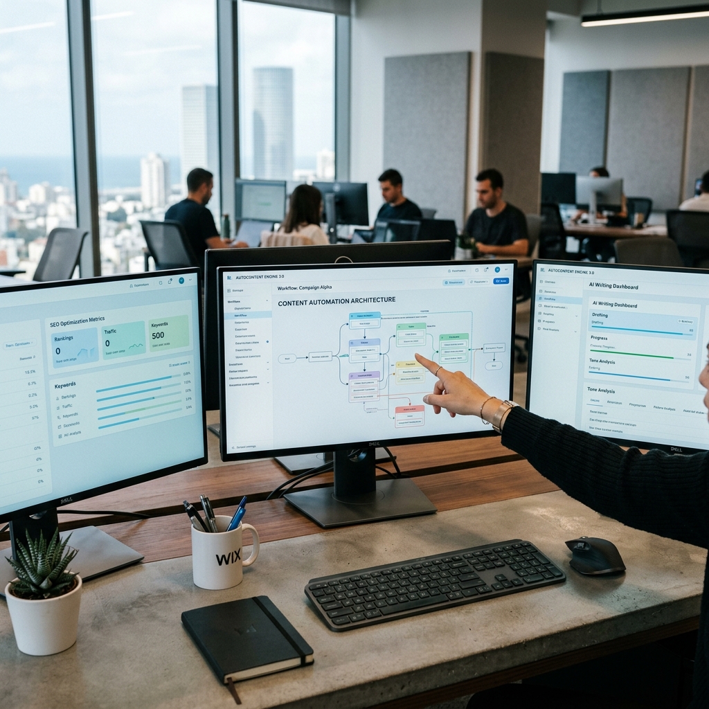 wide establishing photograph illustrating SEO Content Automation: How Firms Publish 20 Posts a Month Without Hiring a Team, clean modern professional style, no text or watermarks