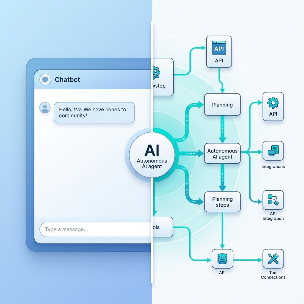 A clean split-screen diagram contrasting a simple chatbot that returns one text reply on the left with an autonomous AI