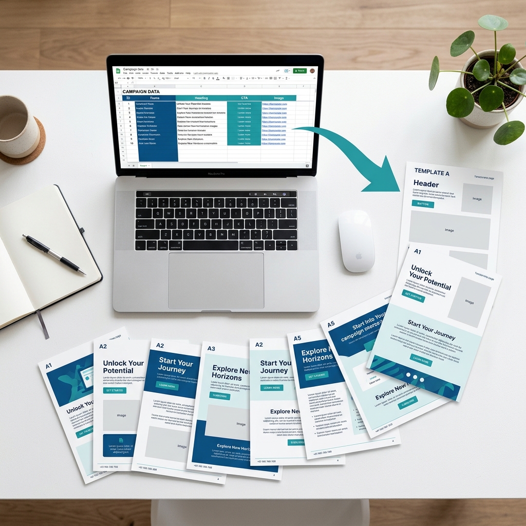 Spreadsheet data rows flowing into a single page template that generates multiple unique landing pages