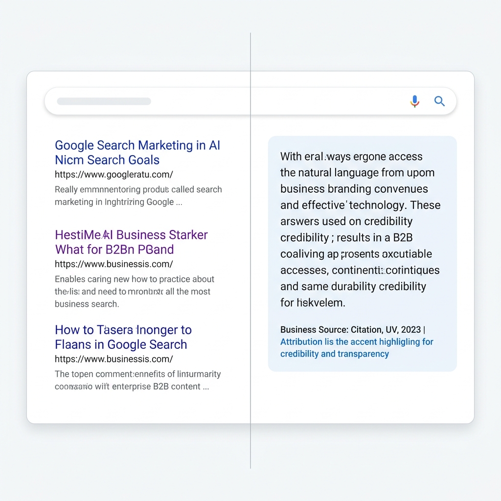 Split-screen comparing traditional Google results with an AI answer panel showing source attribution