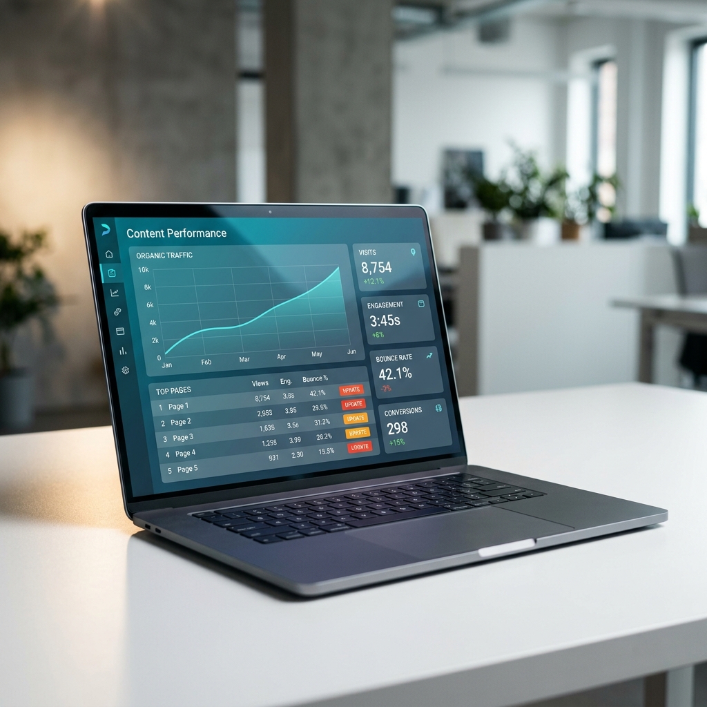 Analytics dashboard on laptop displaying content performance metrics, organic traffic trends, and pages flagged for updating