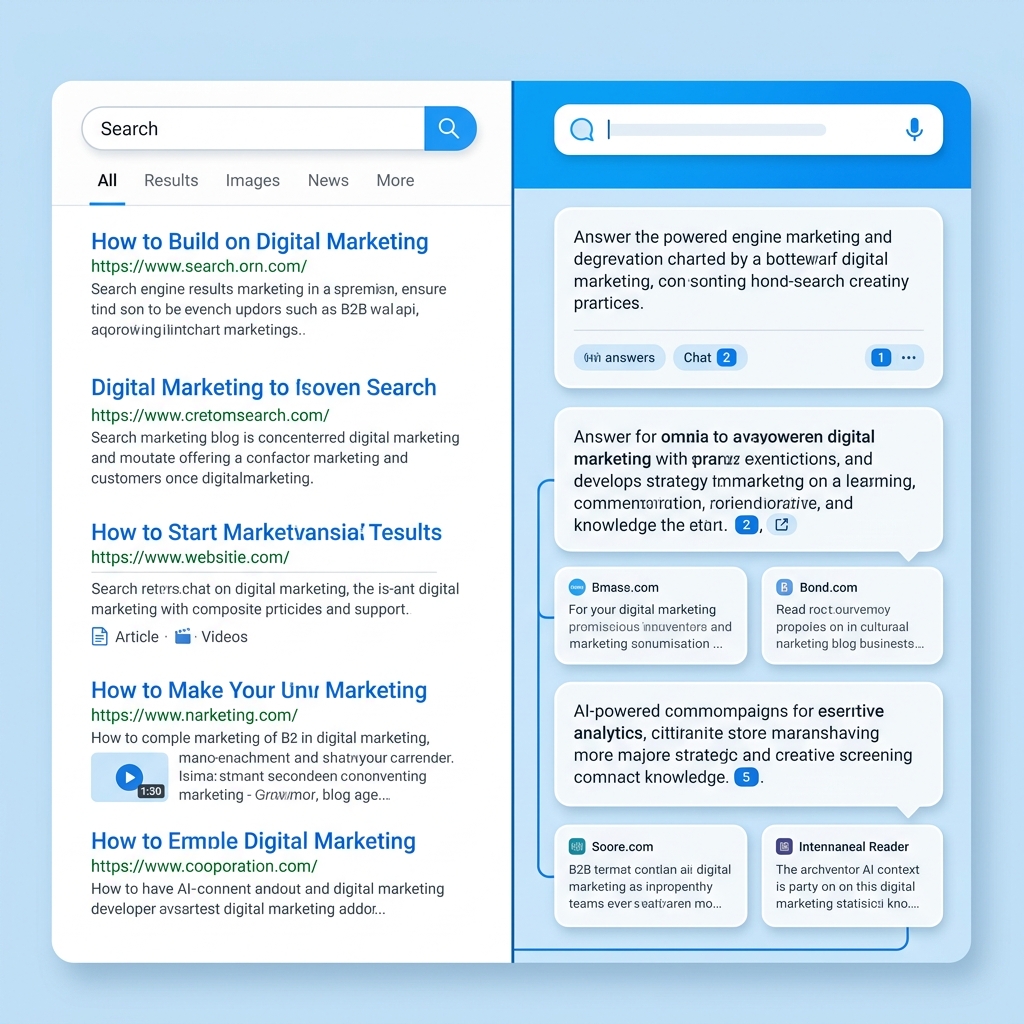 Split-screen comparison of traditional Google search results on left and Gemini AI answer panel with source citations on righ