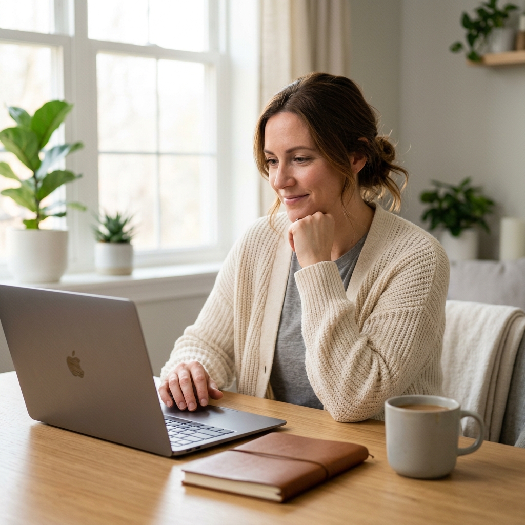 A small business owner at a desk looking at an AI chat interface on a laptop displaying a query about local services