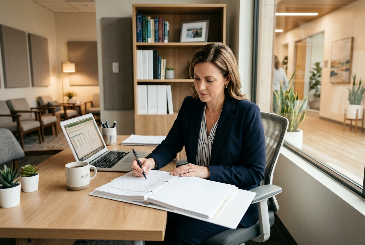 a behavioral health clinic administrator reviewing a compliance checklist binder at a clean modern desk with a laptop, warm natural lighting