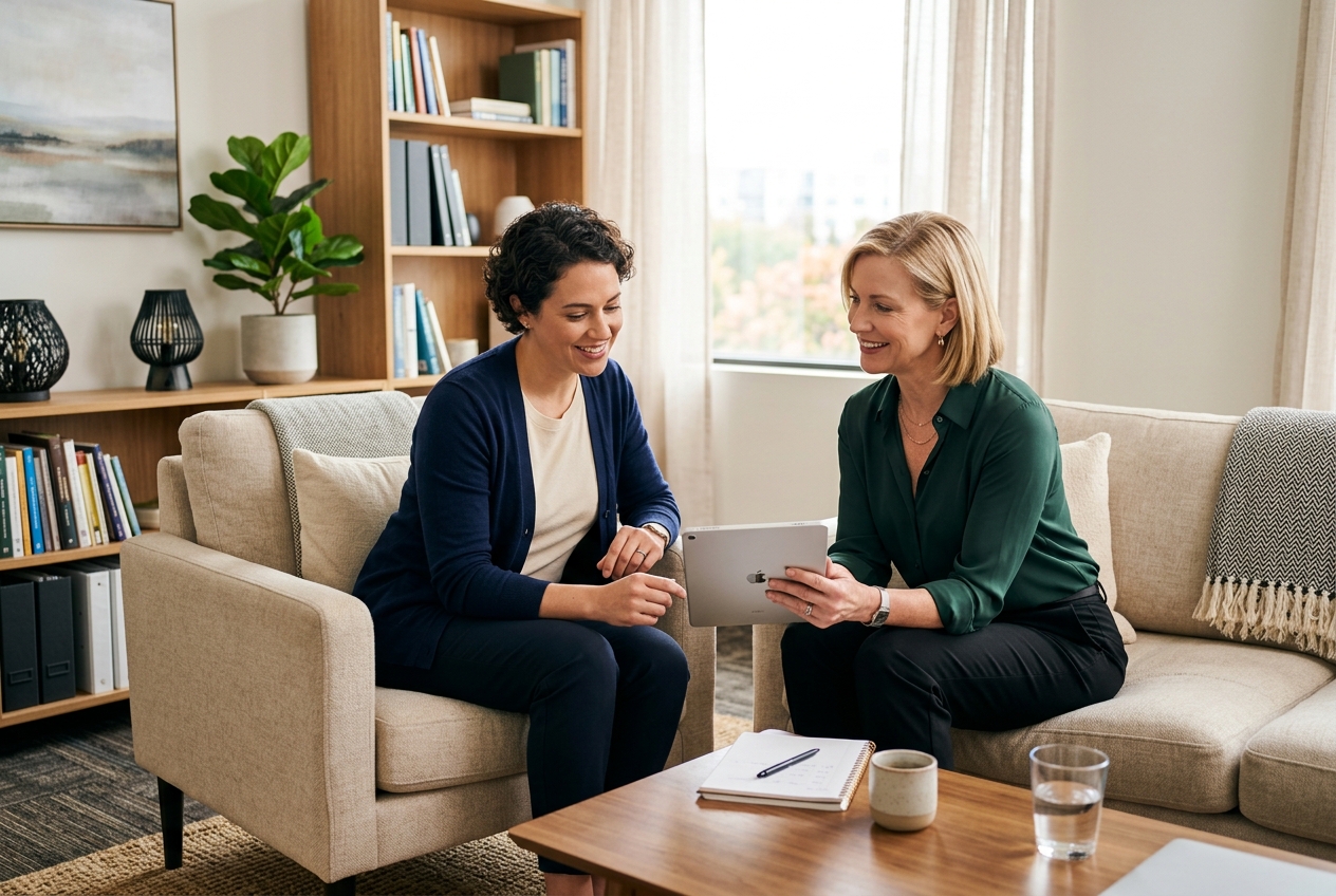 two behavioral health clinicians in a bright therapy room reviewing patient documentation on a tablet, professional and welcoming environment