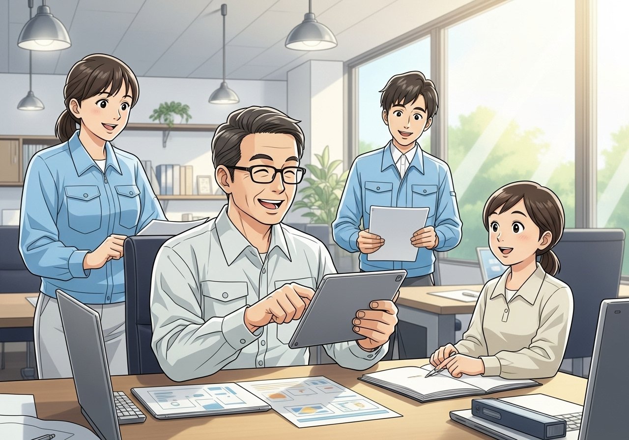 工務店の経営者がデジタル集客やクチコミ管理AI活用で前向きな表情をしている。家族やスタッフと笑顔で話し合い、会社全体が活気と安心感に包まれている温かいシーン。