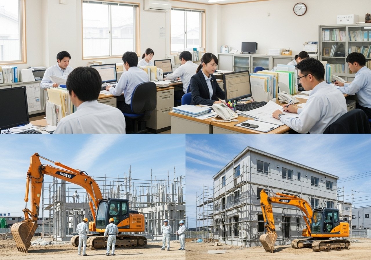 工務店のオフィスで忙しく働くスタッフと現場の職人。パソコンや書類が広がる事務所内と建設現場の様子が対比的に描かれている。