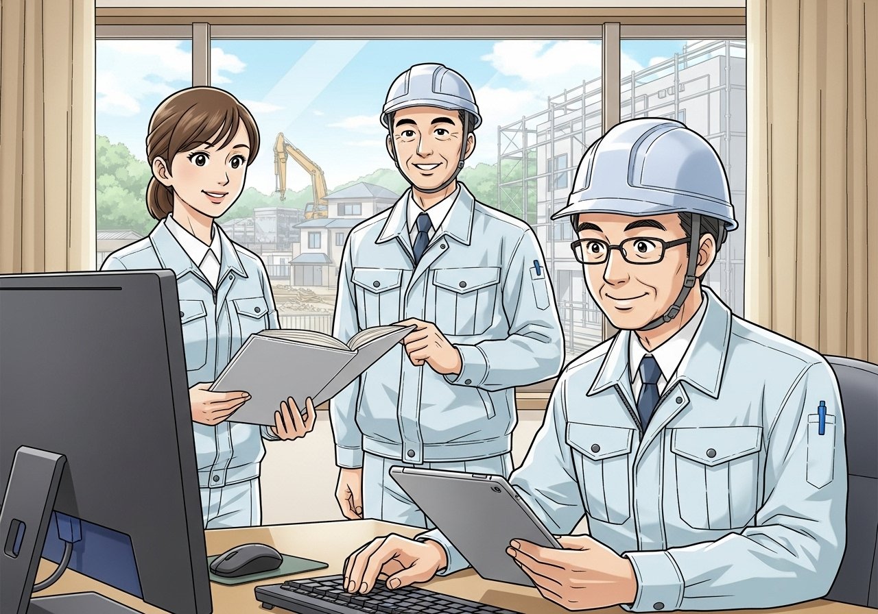 工務店のスタッフがPCやタブレットでクチコミ管理AIを操作し、笑顔で顧客対応しているイメージ。背景には現場と事務所の双方が描かれ、繁忙期でもスムーズに業務を回している様子が伝わる。