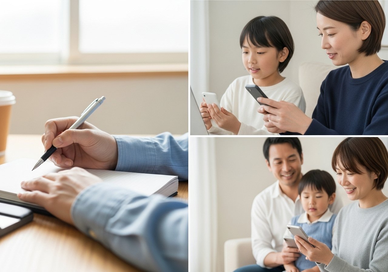 静岡の工務店で実際にお客様が口コミを書き込んでいるシーンや、スマートフォンで口コミを読む家族のイメージ。温かい雰囲気とリアリティを重視。