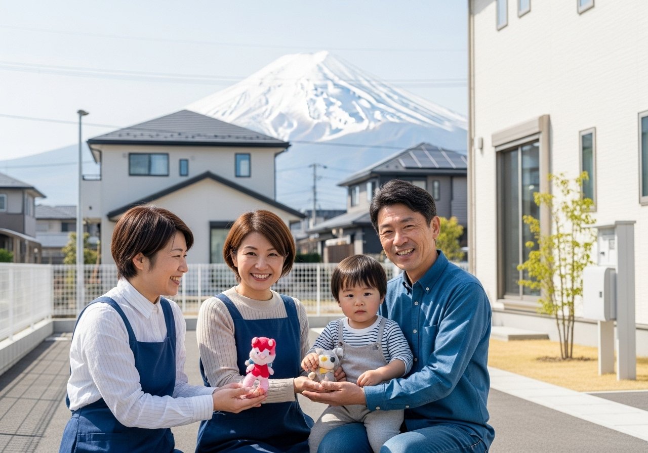 静岡県を象徴する富士山と住宅街、その中で笑顔の家族が新居の前で記念写真を撮るシーン。地域の温かさと安心感、明るい住まいの未来を象徴する画像。
