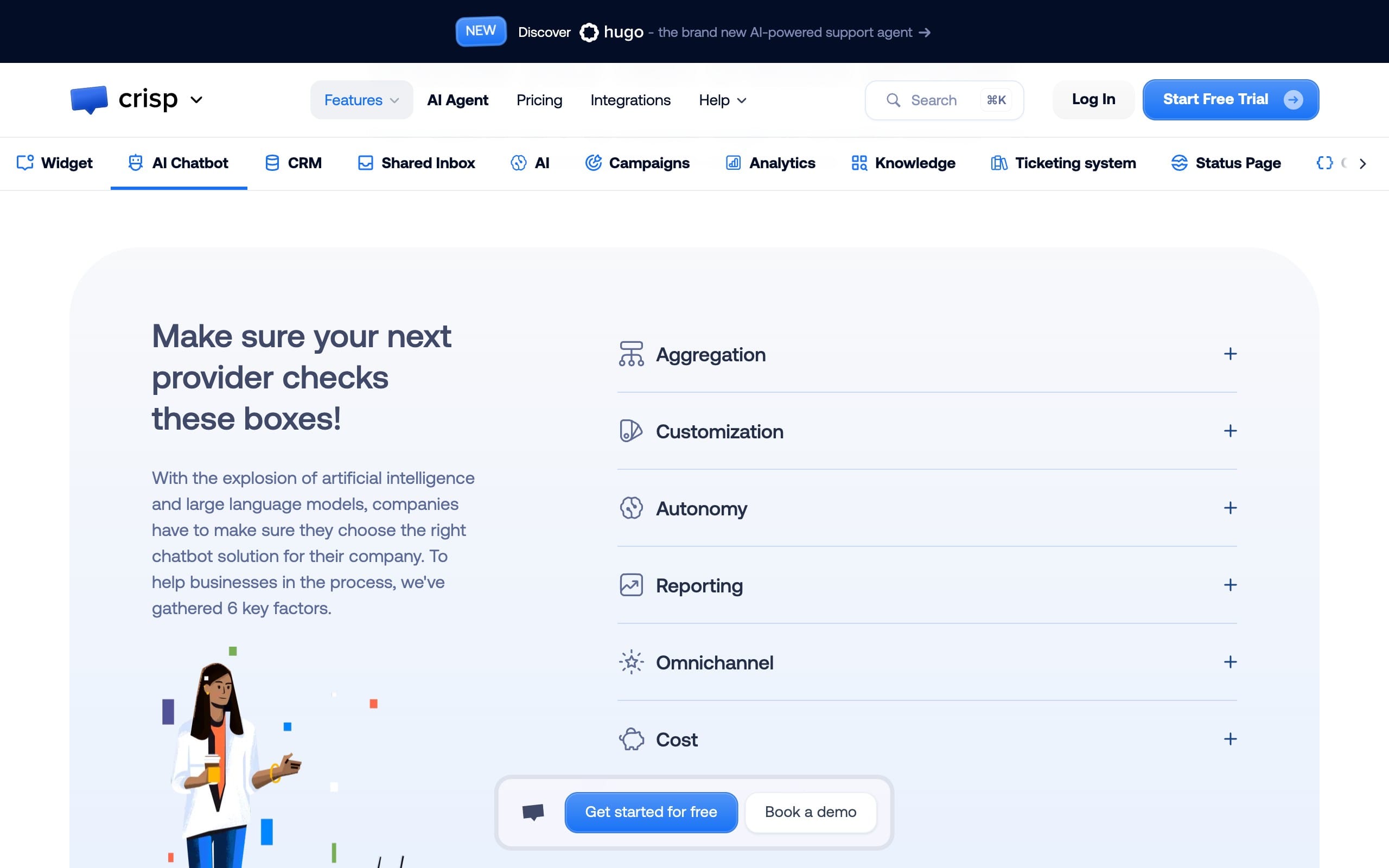 Crisp AI Chatbot webpage showing a section about choosing the right chatbot provider with expandable factors like aggregation, customization, autonomy, reporting, omnichannel, and cost, plus get started and book a demo buttons.