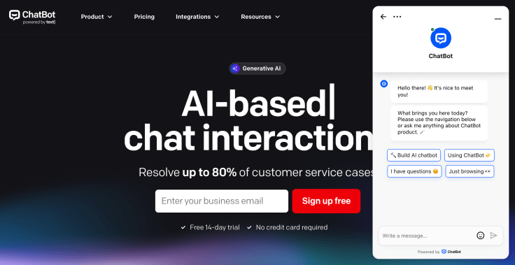 chatbot.com main page with an open chat widget