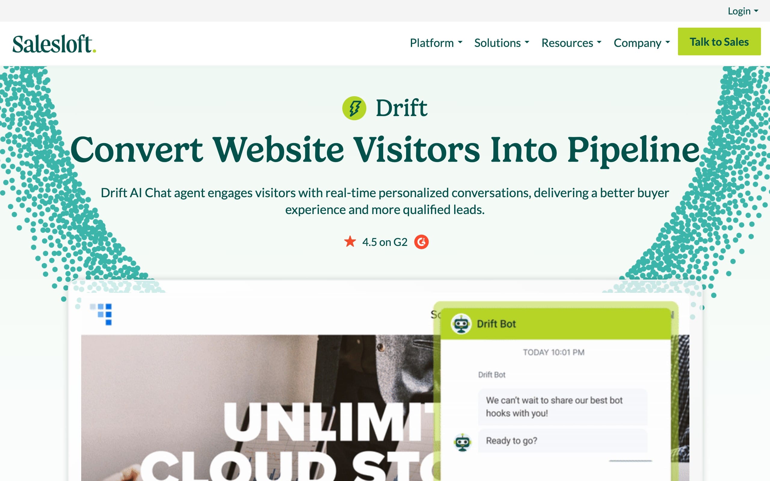 Salesloft Drift platform landing page promoting the Drift AI chat agent to convert website visitors into pipeline, with a top navigation bar, Talk to Sales button, and a hero section highlighting real-time personalized conversations and qualified leads.