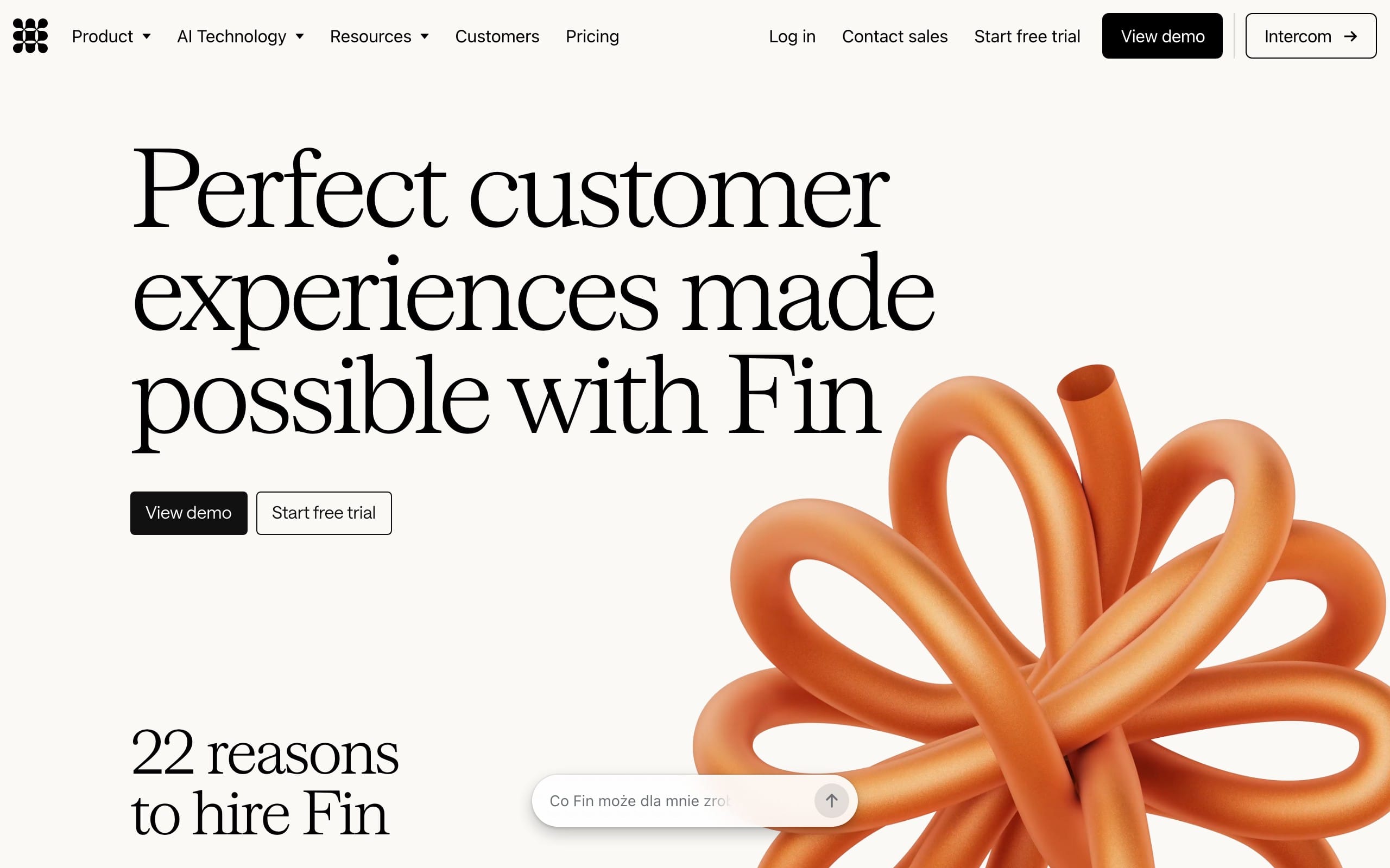 Fin homepage with a large hero headline reading Perfect customer experiences made possible with Fin, prominent View demo and Start free trial buttons, and an orange abstract looped graphic on a clean white background