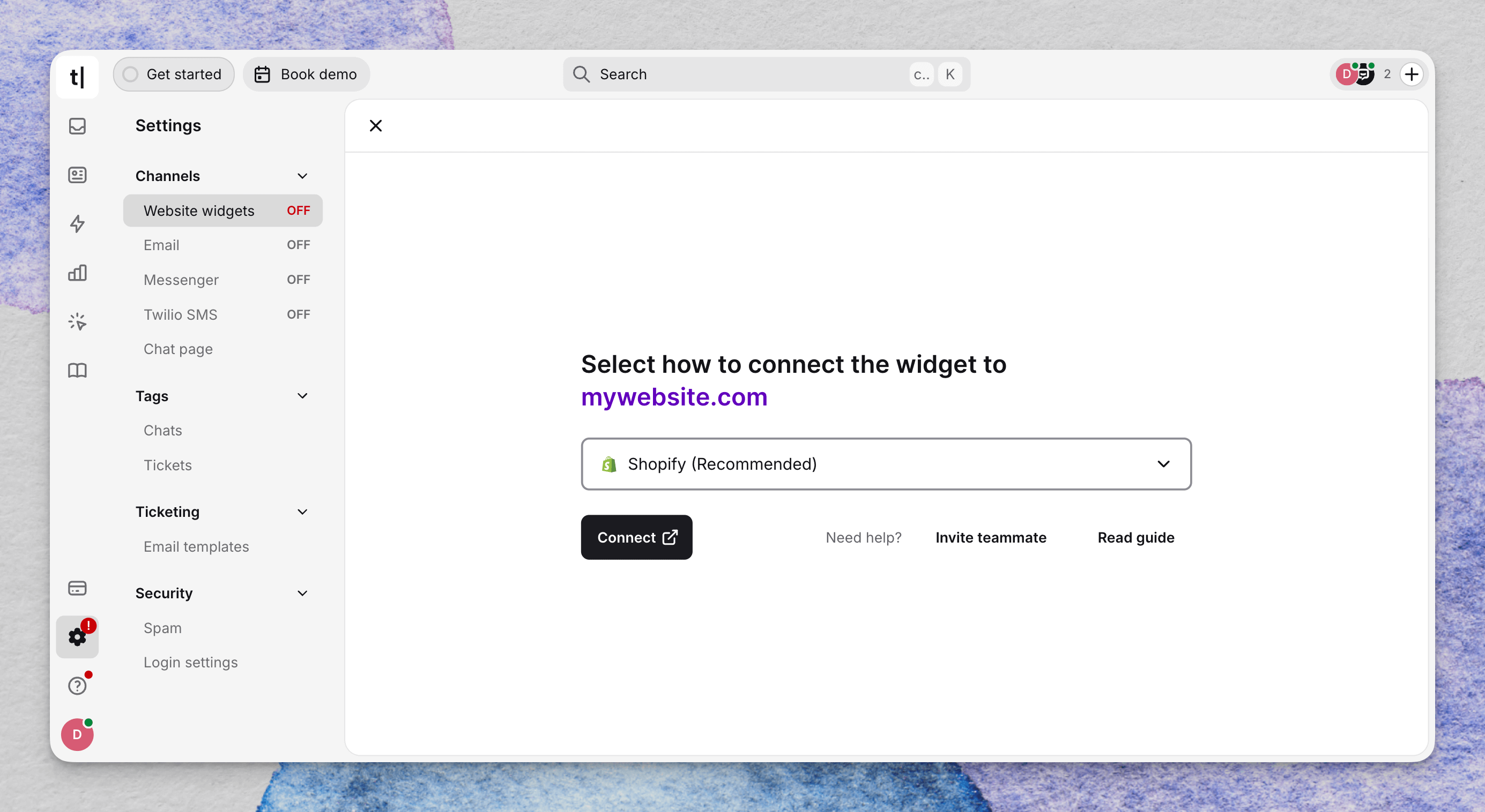 Text App connection dialog with Shopify (Recommended) selected and the Connect button.