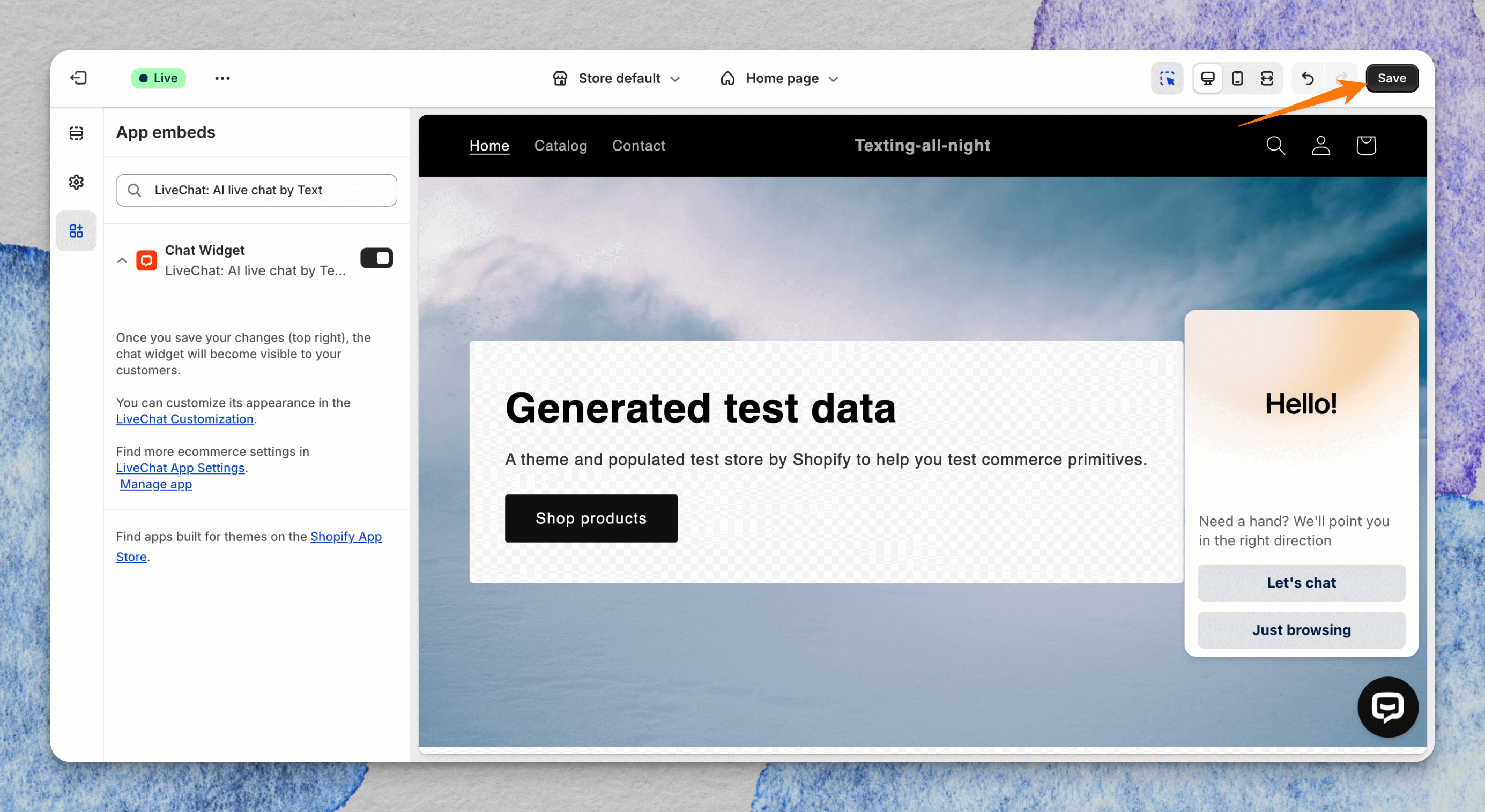 Shopify Theme Editor with the Text Chat Widget enabled under App embeds and the Save button highlighted.