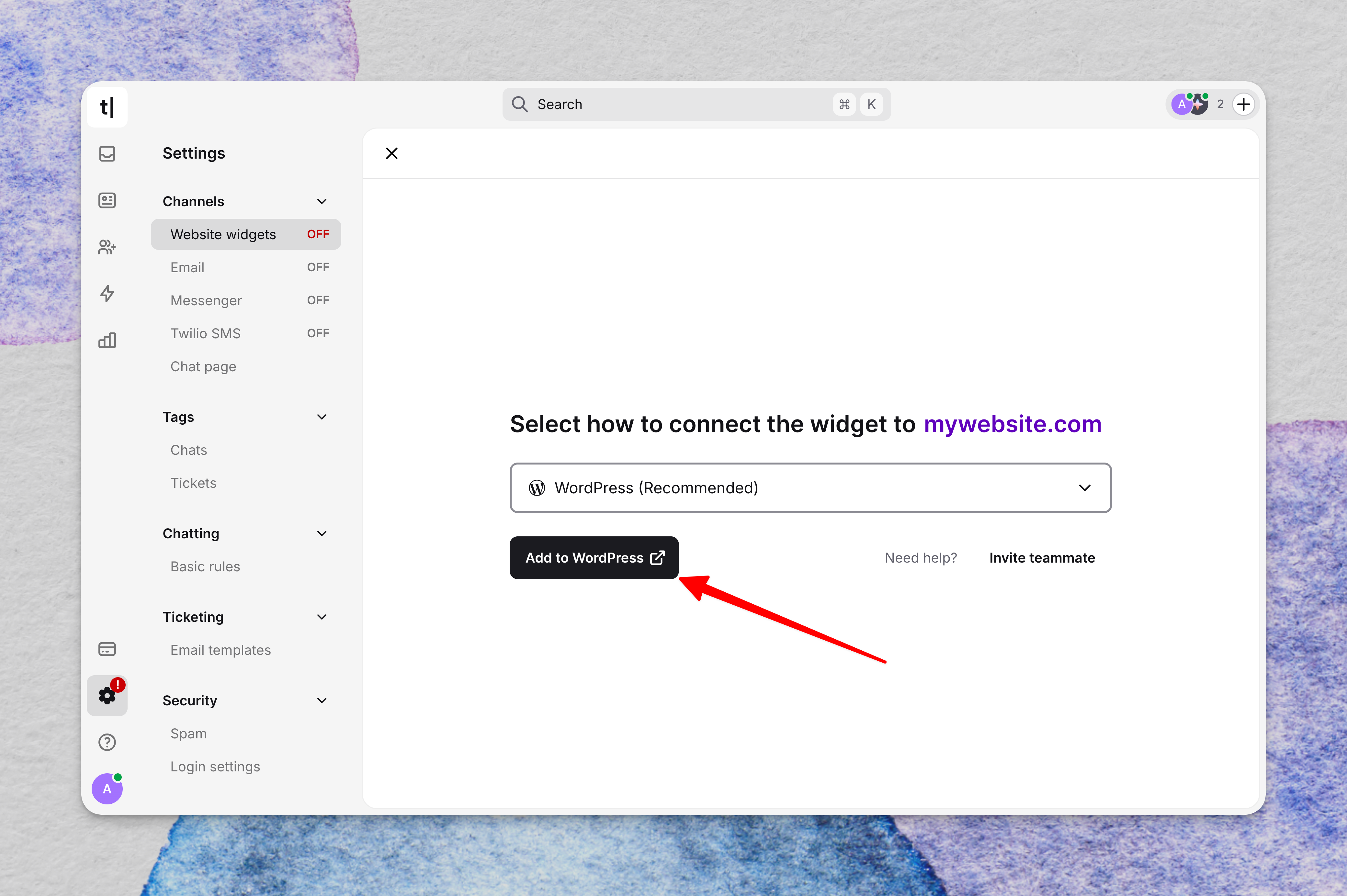 Text website widget setup with WordPress selected and the Add to WordPress button highlighted.
