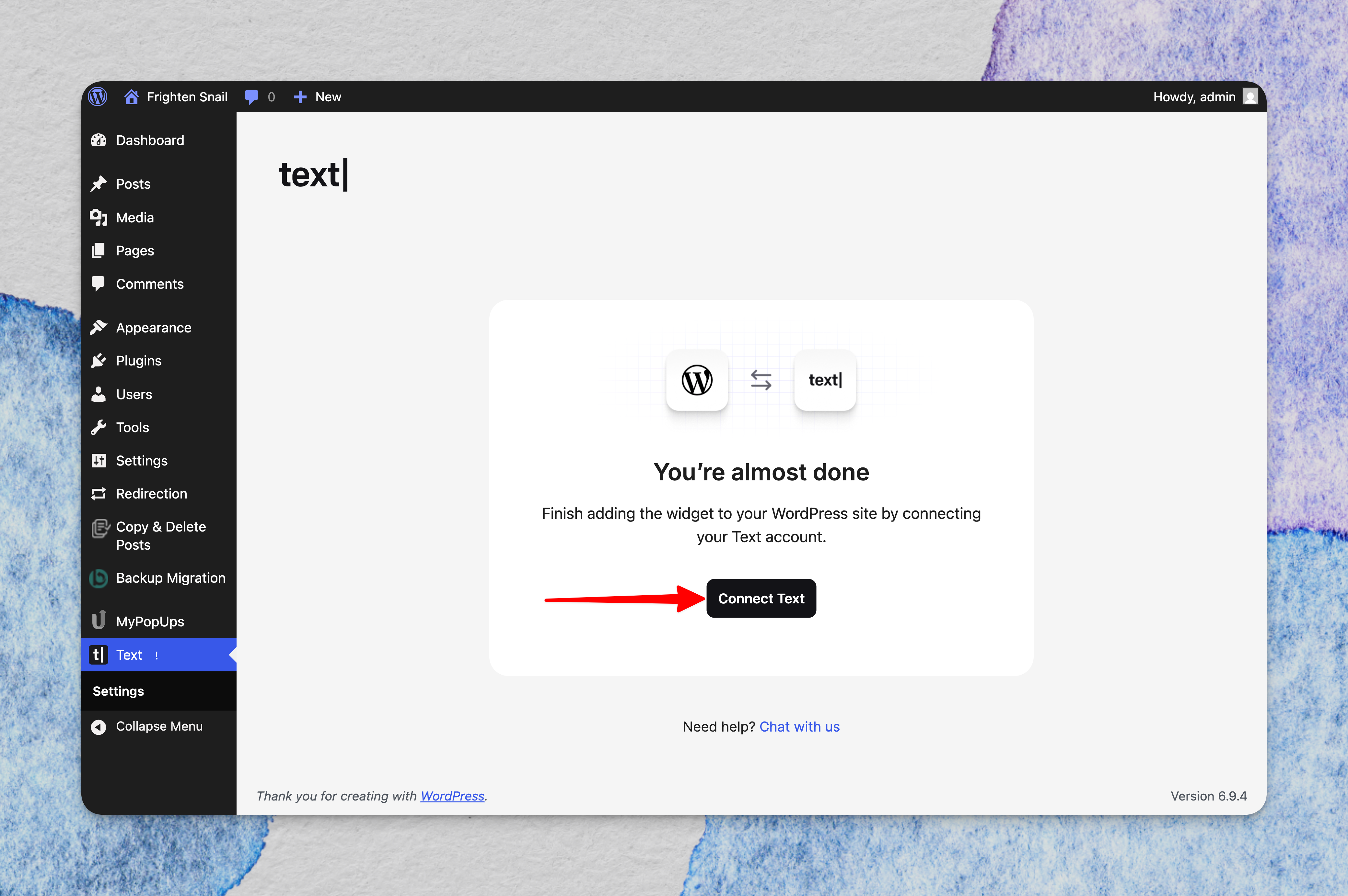 WordPress dashboard showing the Text plugin connection screen with the Connect Text button highlighted.