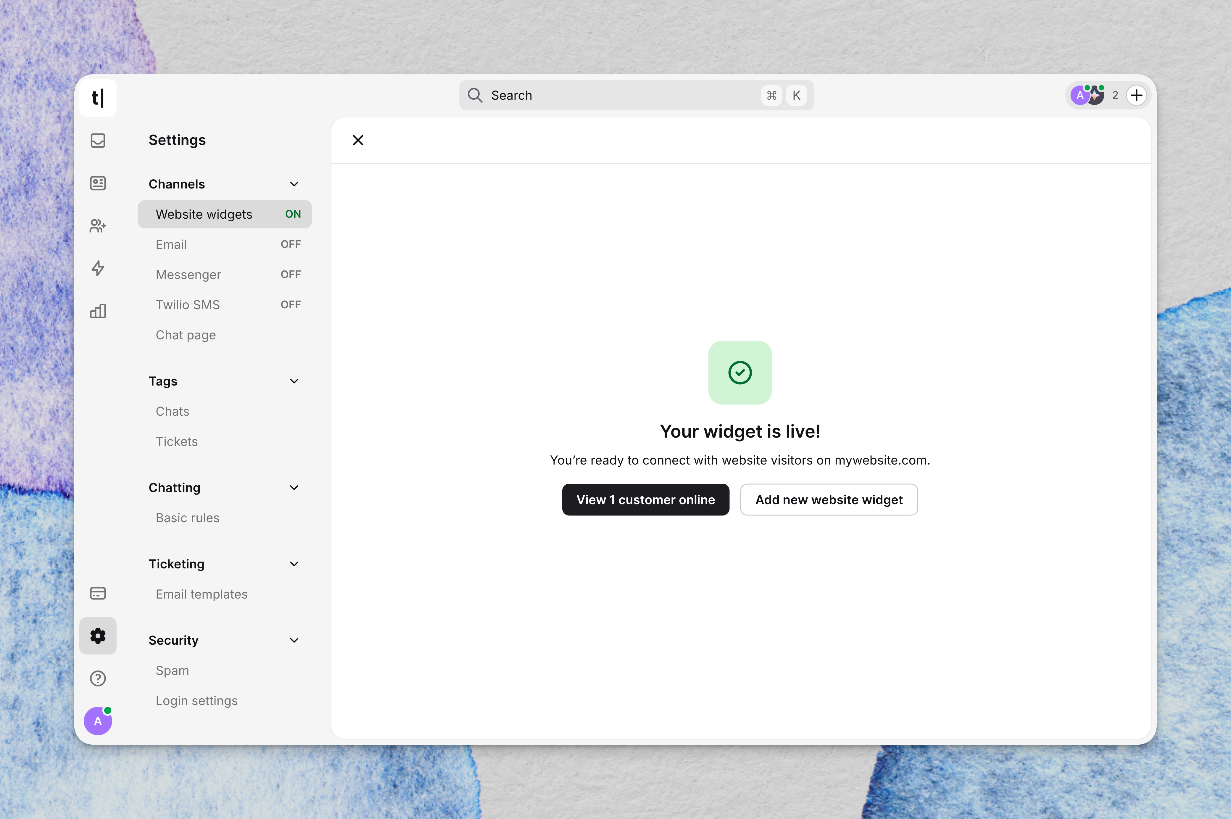 Text dashboard confirmation that the website widget is live.