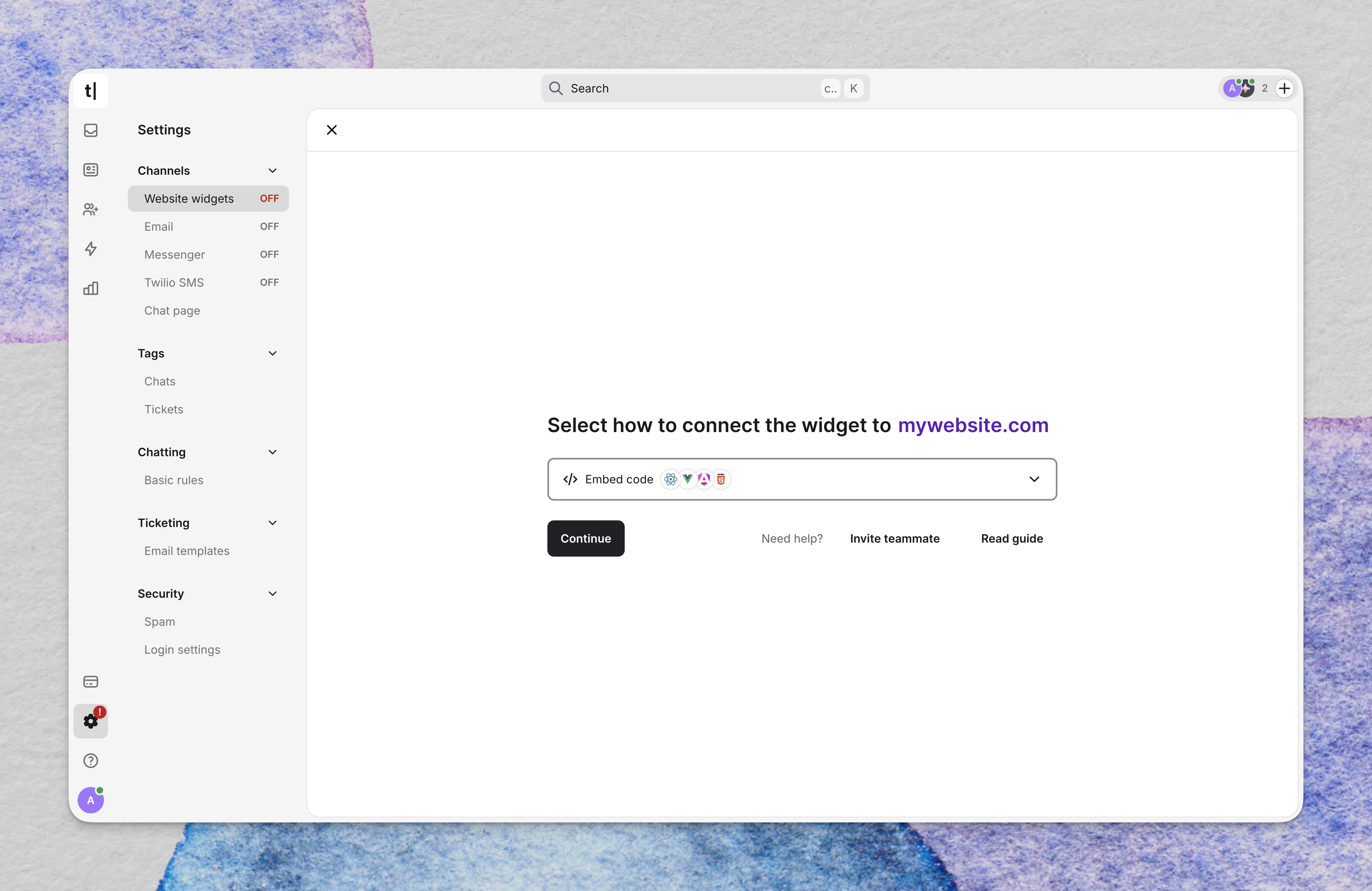 Text website widget setup showing the Embed code installation option