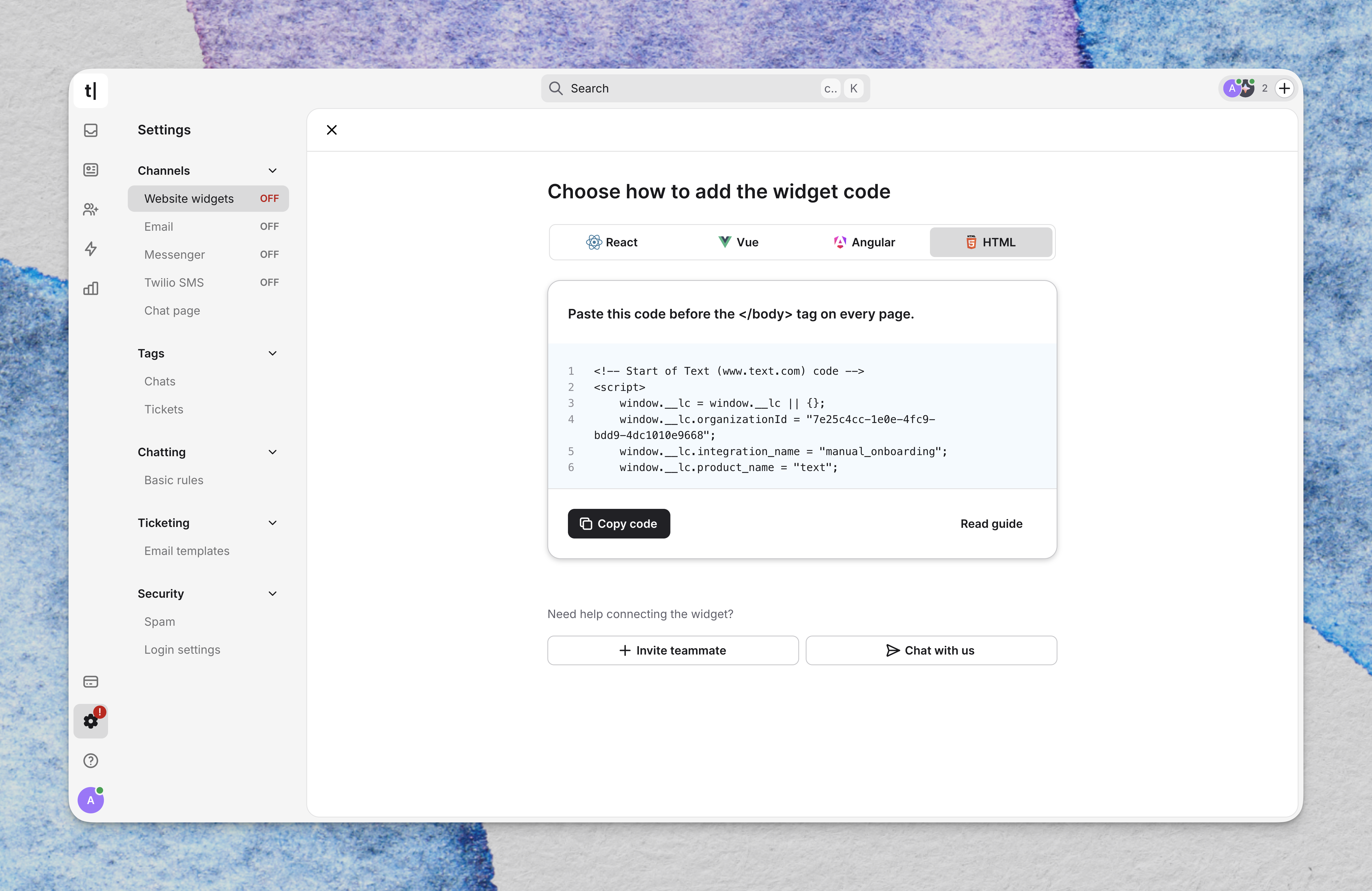 HTML installation tab in the Text App showing the website widget code and Copy code button