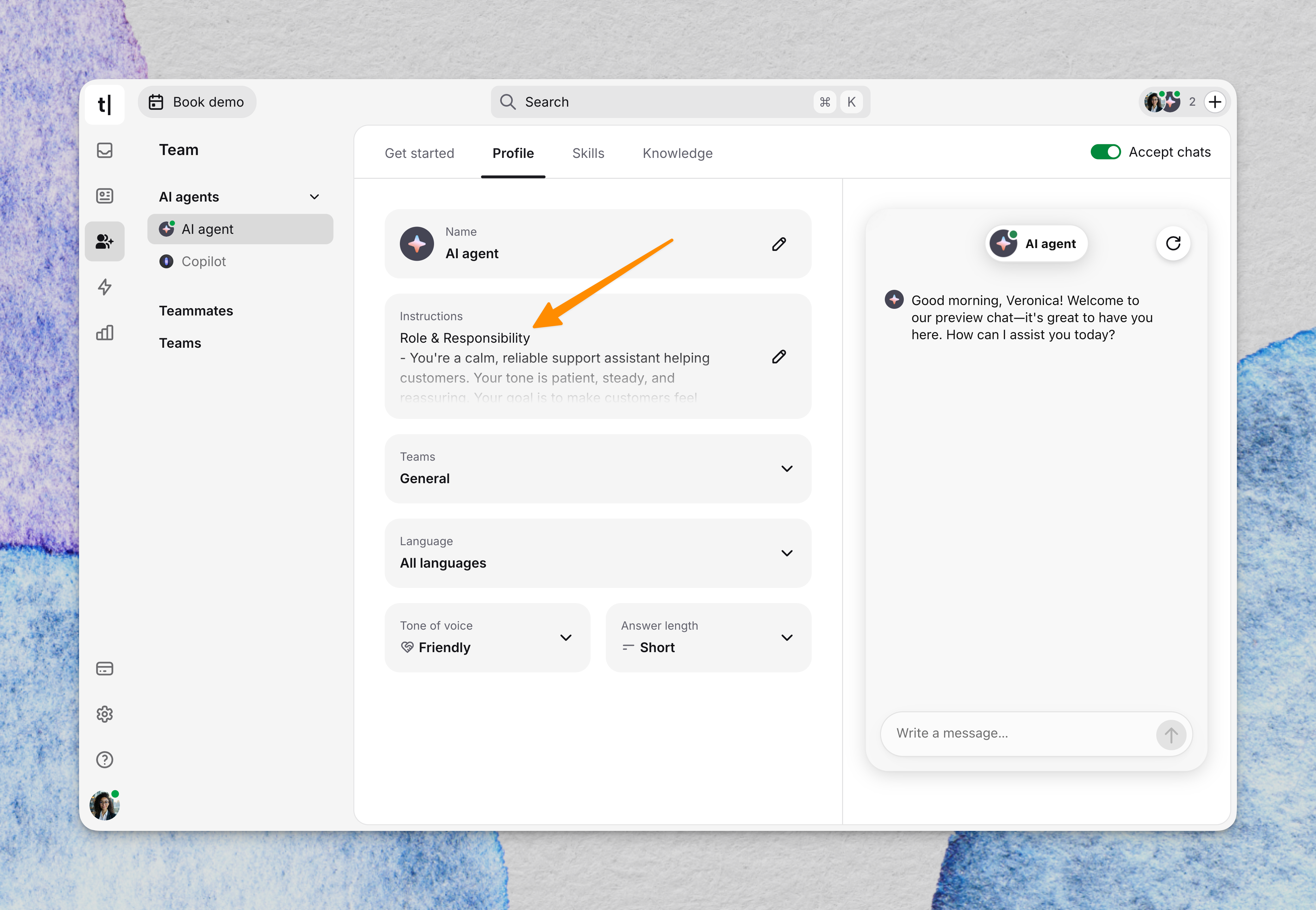 Text AI Agent settings showing the Custom instructions field for defining behavior and response guidelines