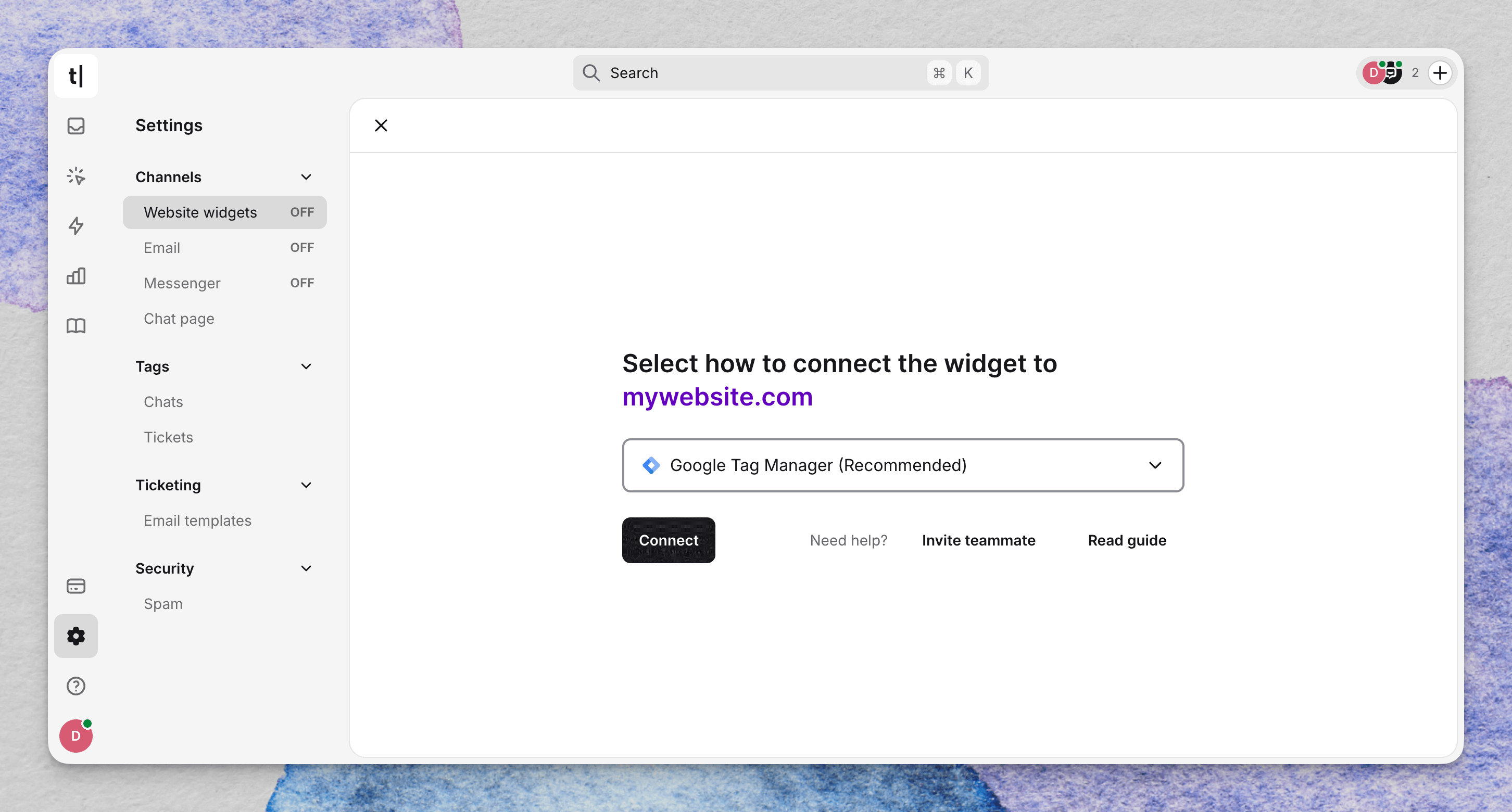 Text website widget setup with Google Tag Manager selected as the connection method