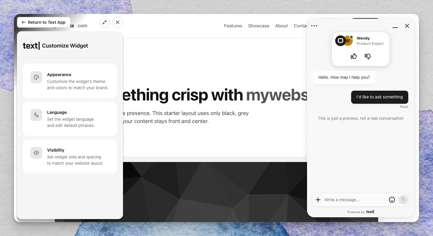 Text website widget customizer showing Appearance, Language, Visibility, and a live widget preview