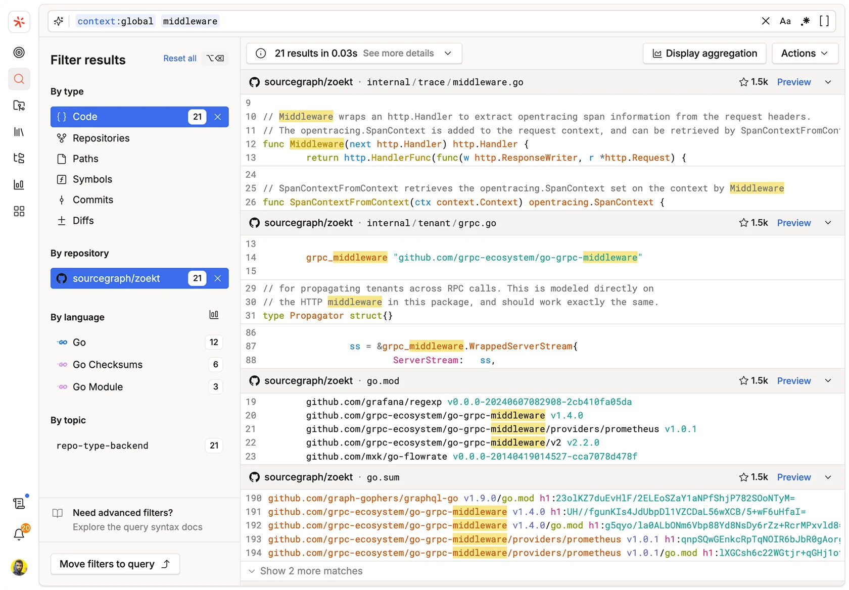 Code Search interface showing search results across repositories