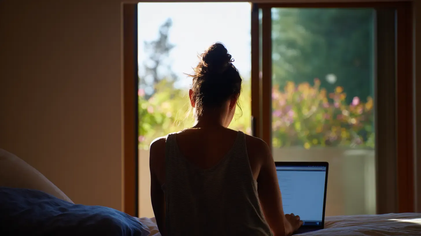Woman silhouetted from behind using a laptop by an open window overlooking a garden