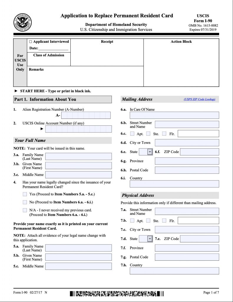 USCIS Form I-90 for replacing a Permanent Resident Card, page 1 of 7
