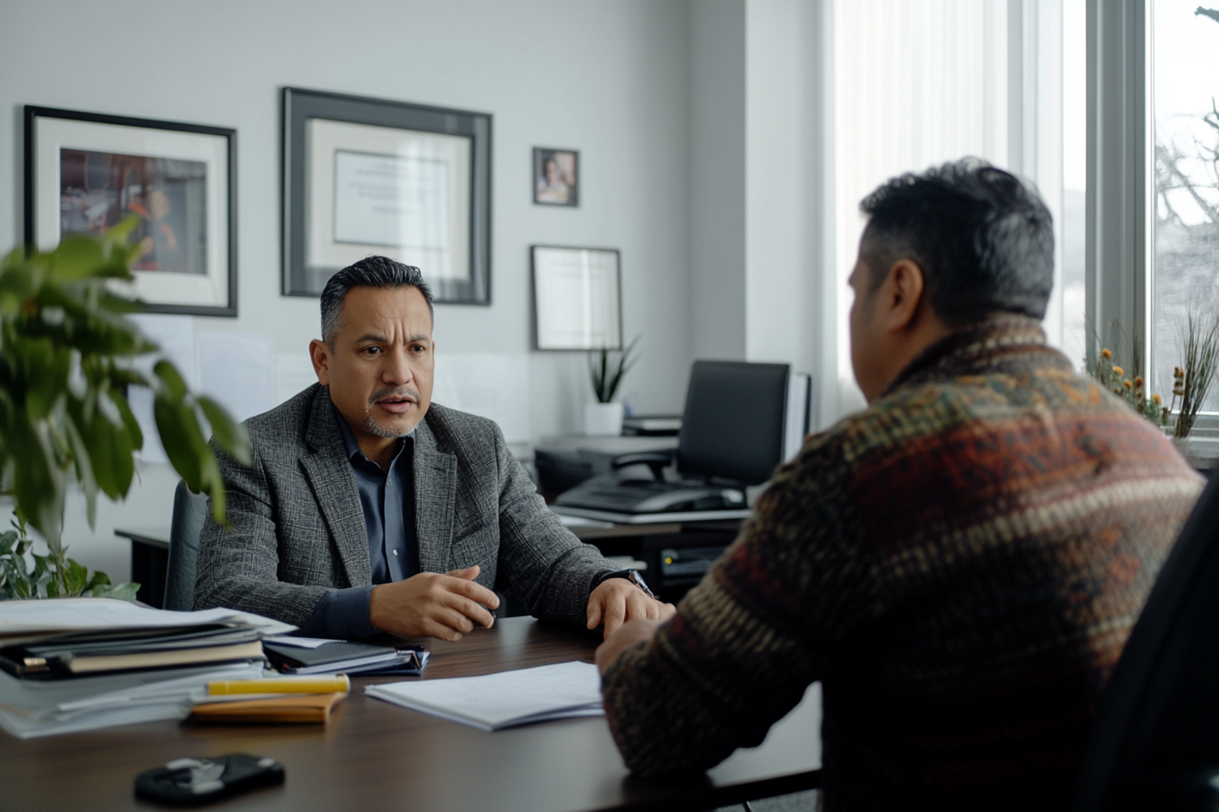 Male attorney in gray blazer having a discussion with a client across a desk in a modern office