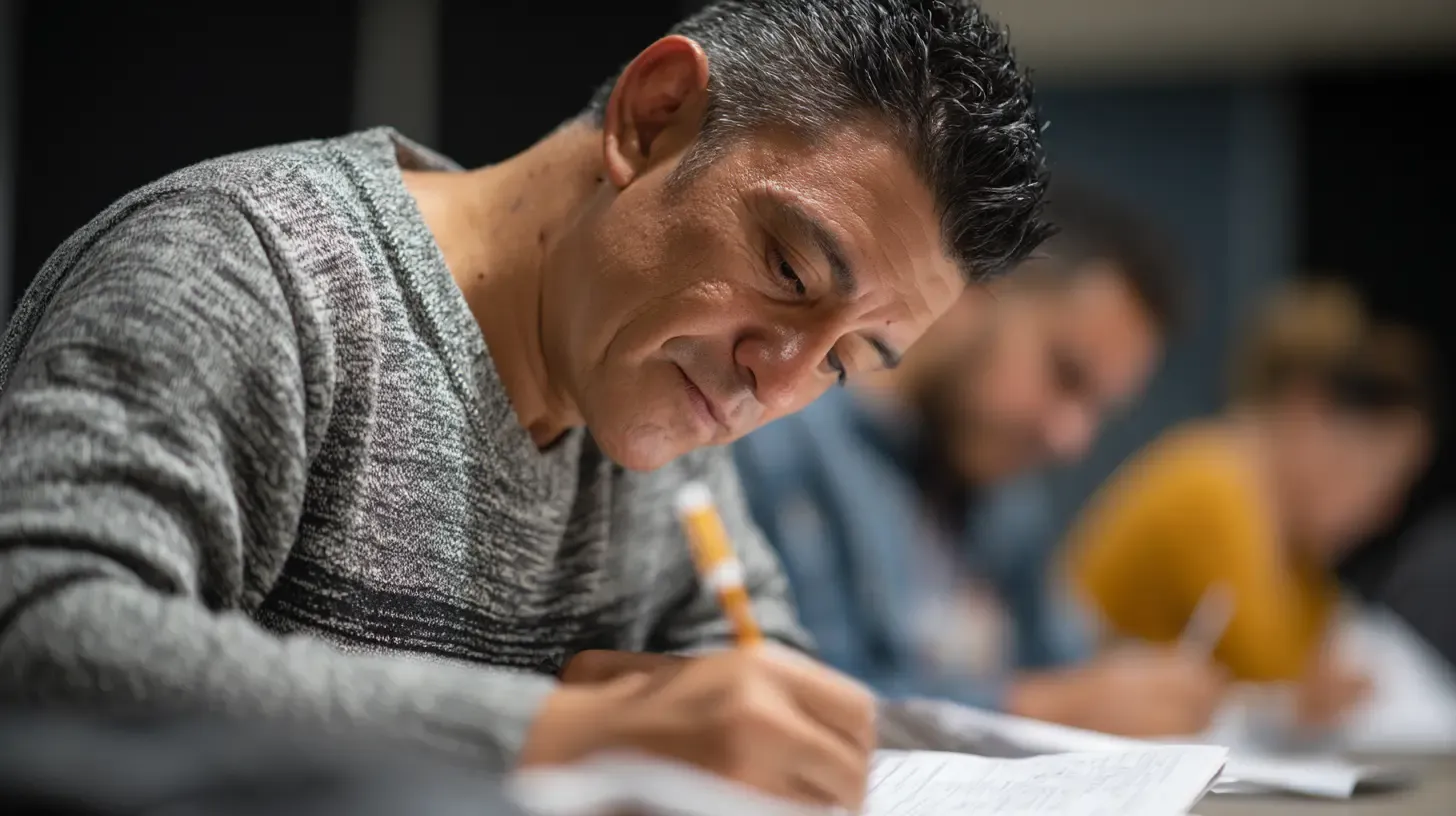 Man in gray sweater writing on documents during immigration law consultation with others in background