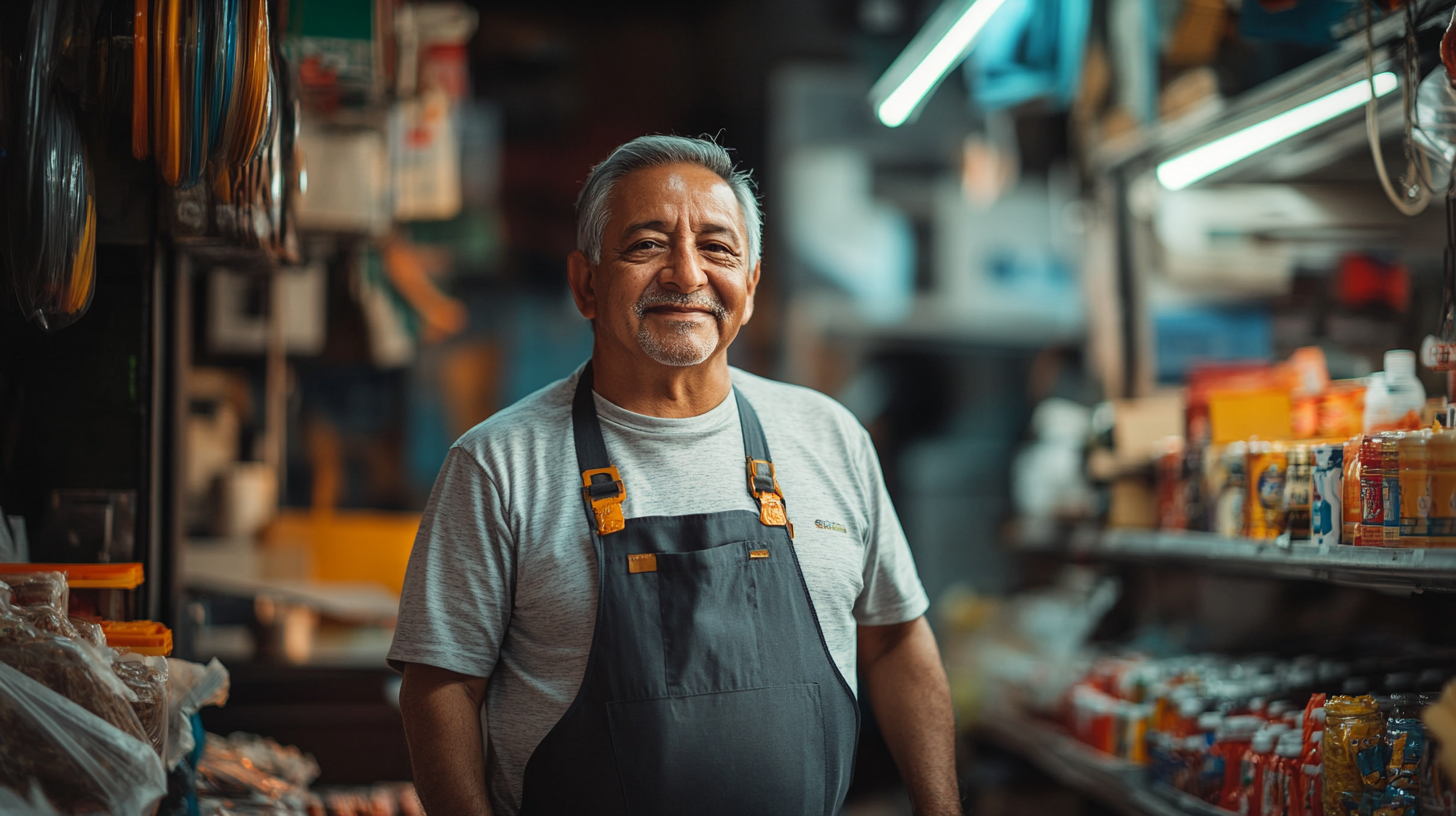 Middle-aged man wearing work apron smiling in hardware store