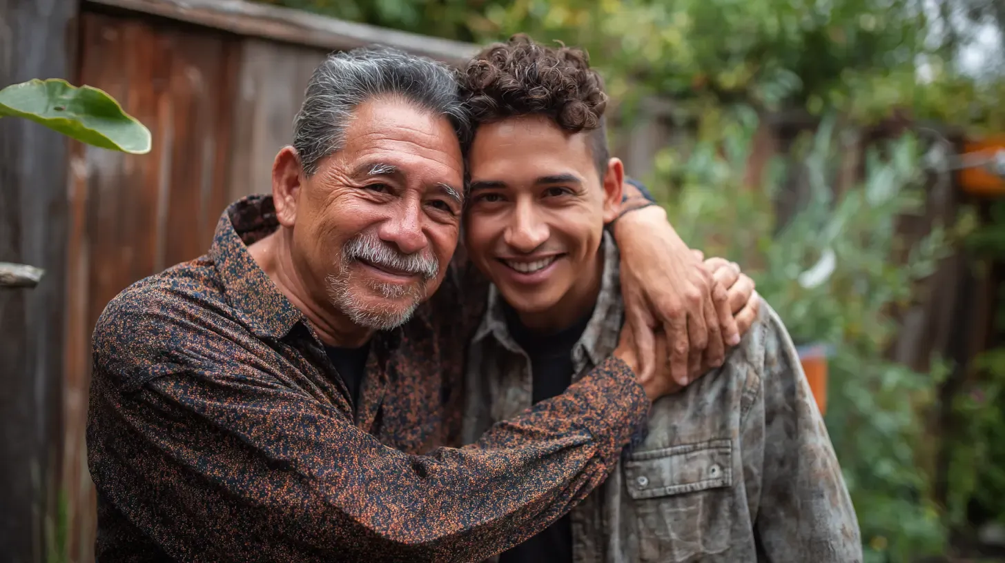 Smiling father and son embracing outdoors in front of greenery and wooden structure