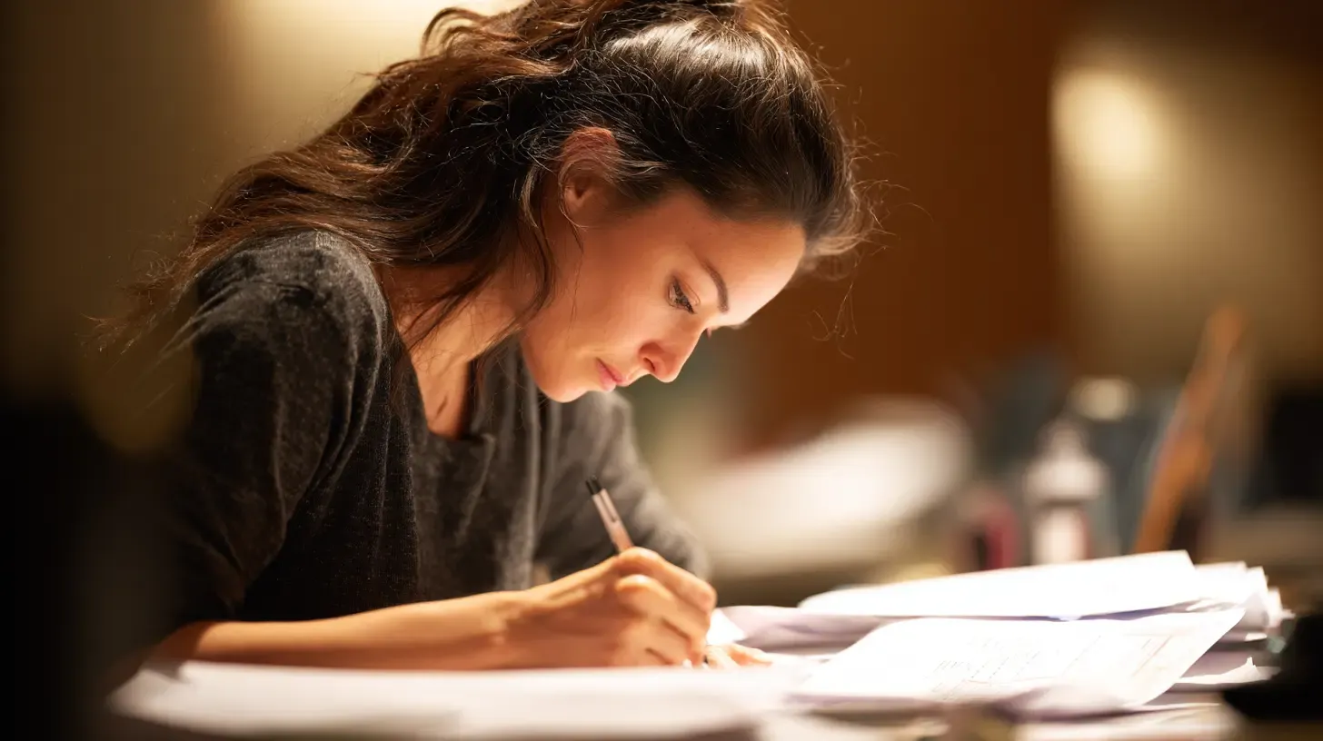 Woman concentrating while reviewing legal documents at desk with pen in hand