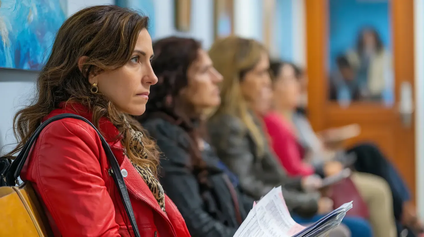 Woman in red jacket holding documents sitting in waiting room with other people