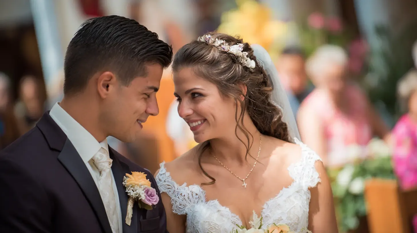 Bride and groom smiling at each other during wedding ceremony with guests in background