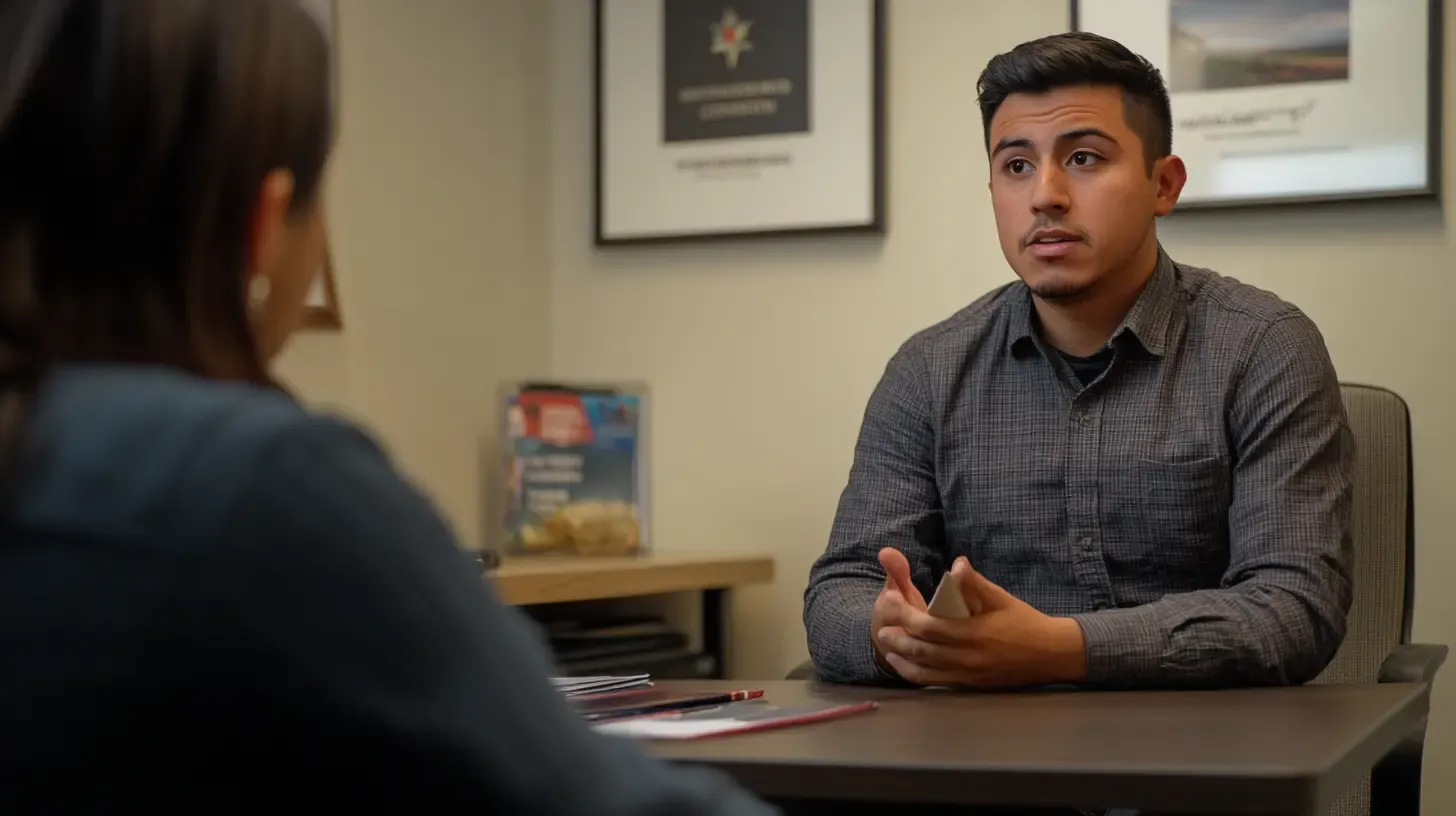 Male attorney in gray shirt speaking with client across desk in office setting