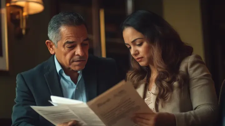Male attorney and female client reviewing immigration documents together in office setting