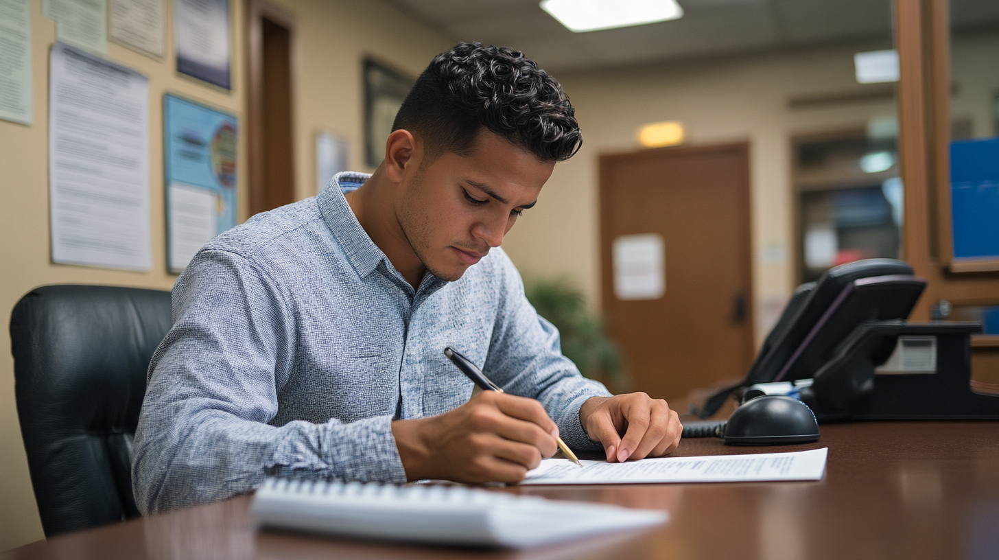 Man in light blue shirt writing on document at desk in professional office setting