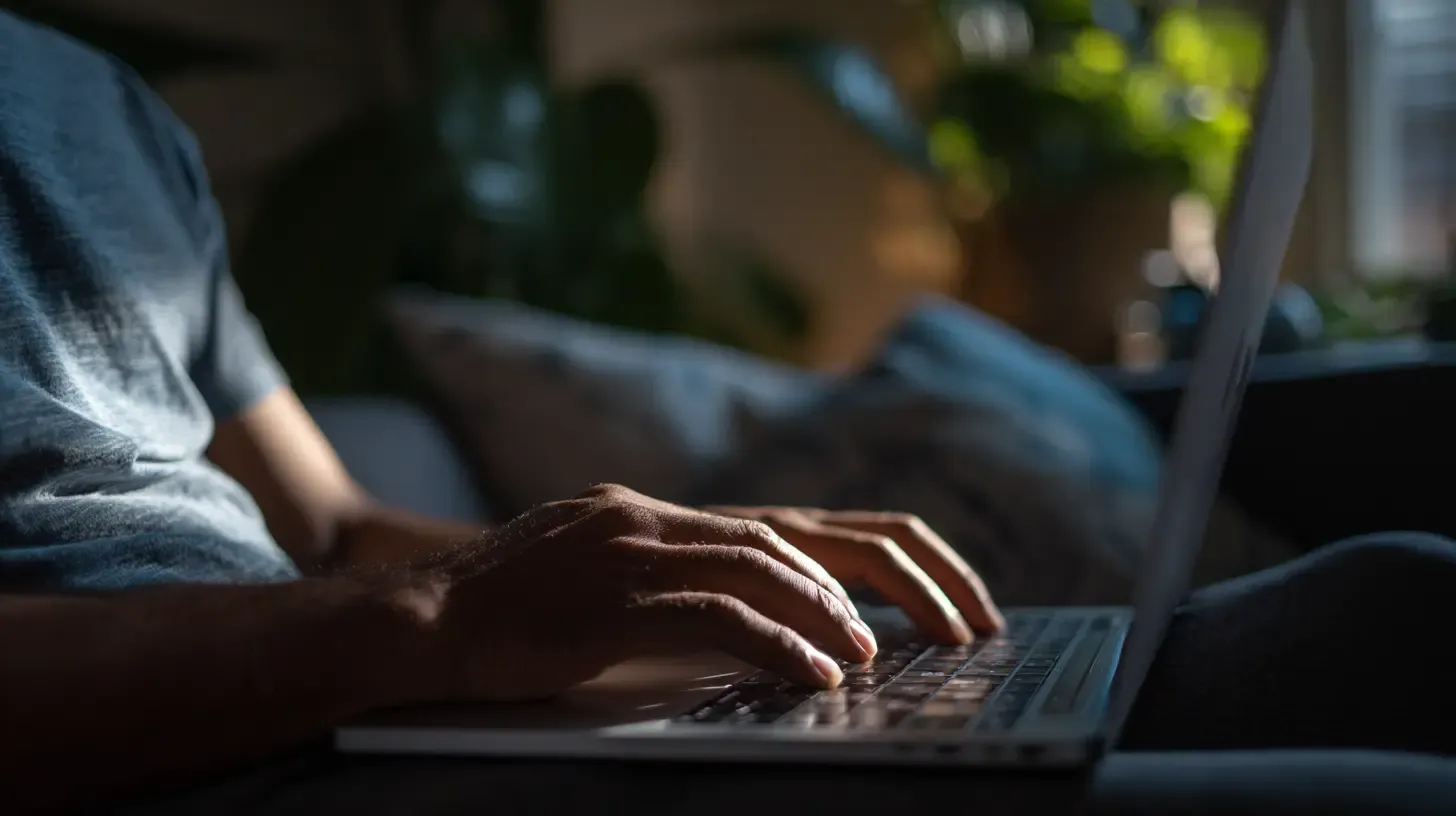 Person typing on laptop keyboard during work session with natural lighting