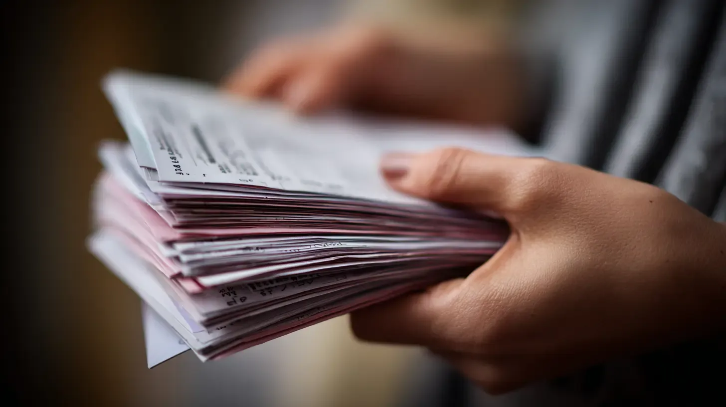Close-up of hands holding a stack of official immigration documents and paperwork