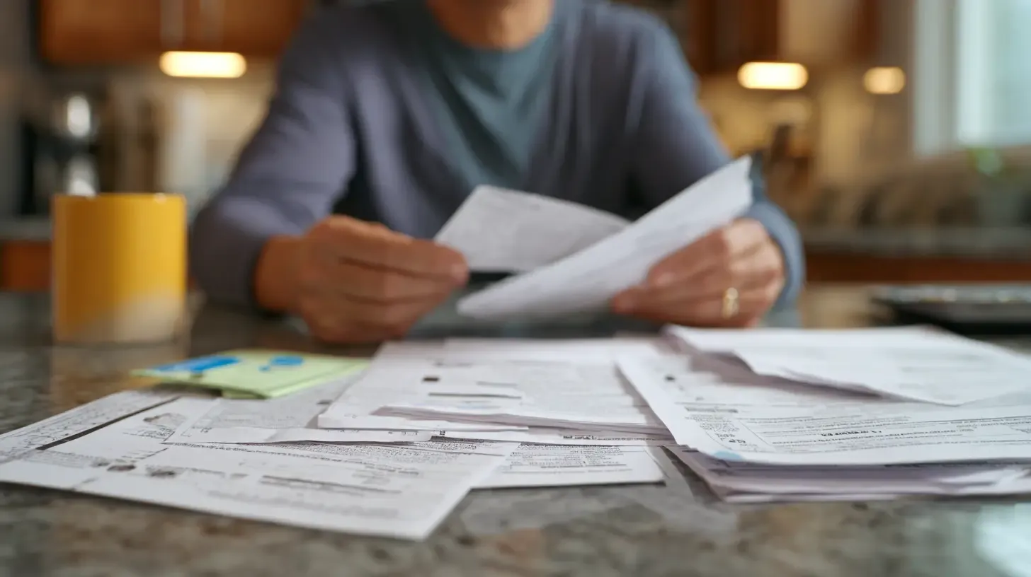 Person reviewing stacks of legal documents at desk with coffee