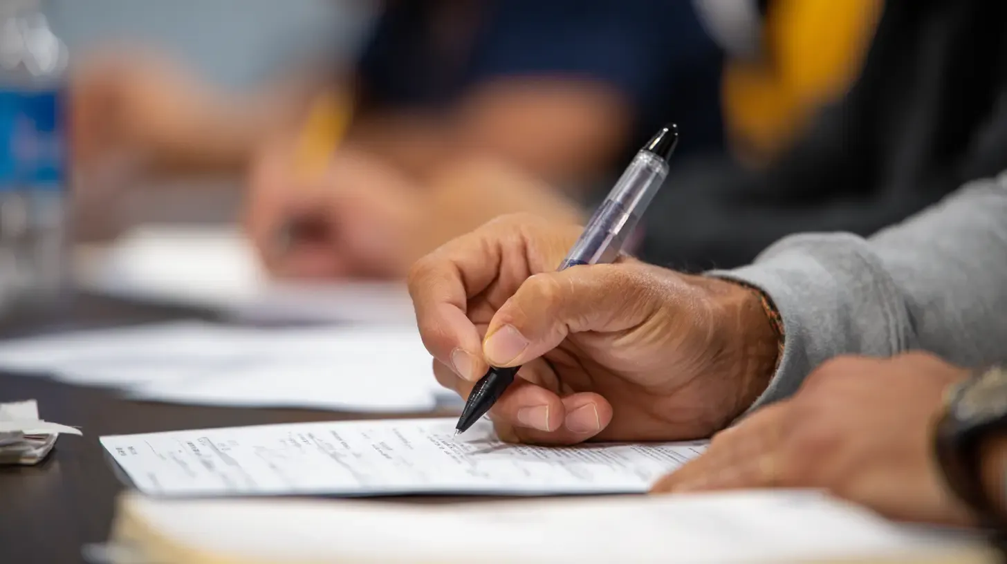 Person's hand holding pen while signing immigration legal documents at a desk