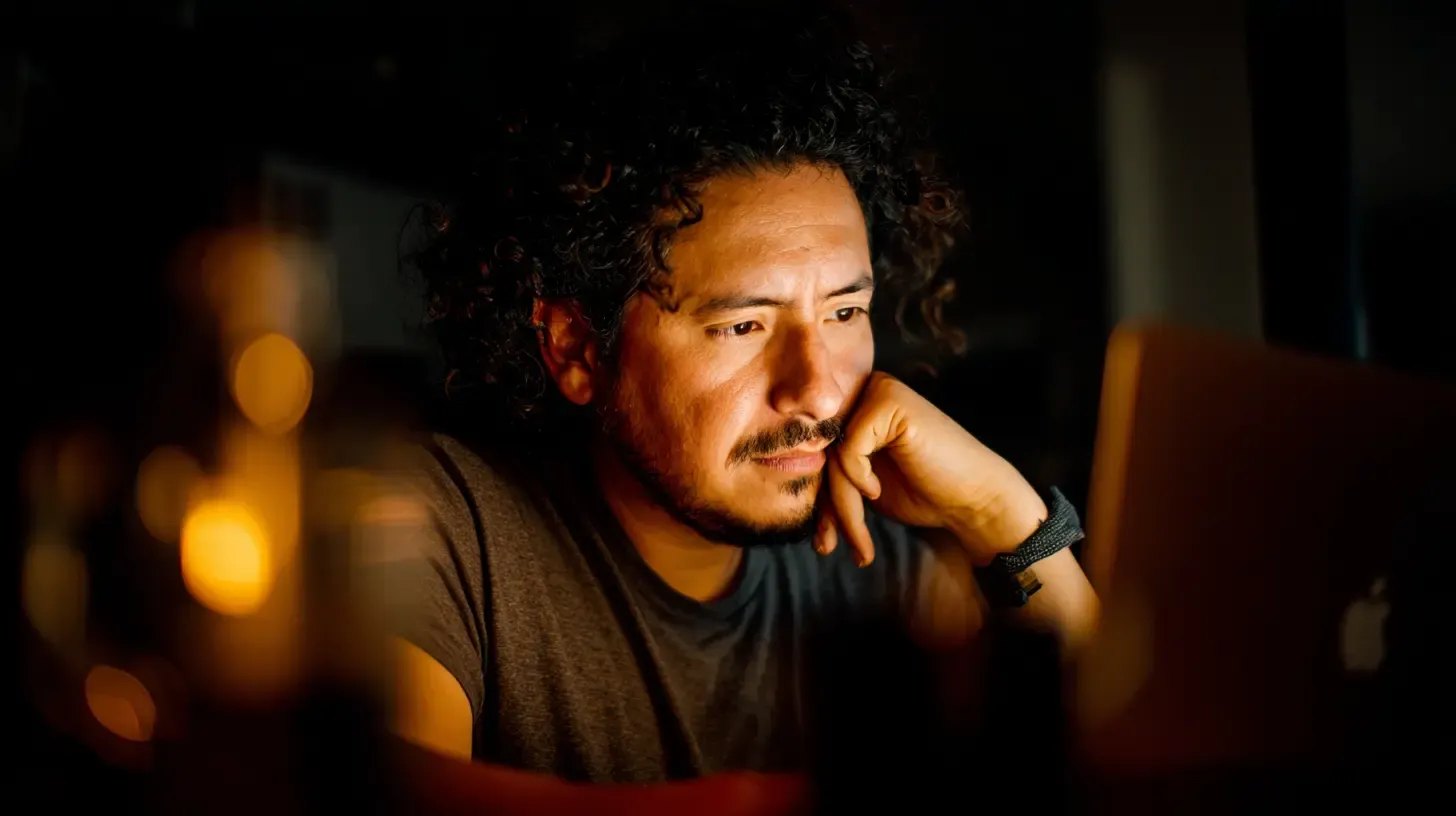 Man with curly dark hair in casual shirt, hand to face, looking contemplative in warm lighting