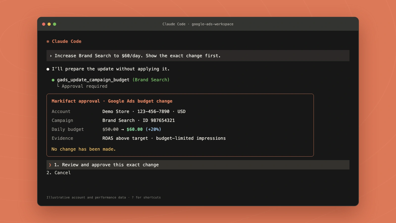 Claude Code terminal showing a Google Ads budget update waiting for approval