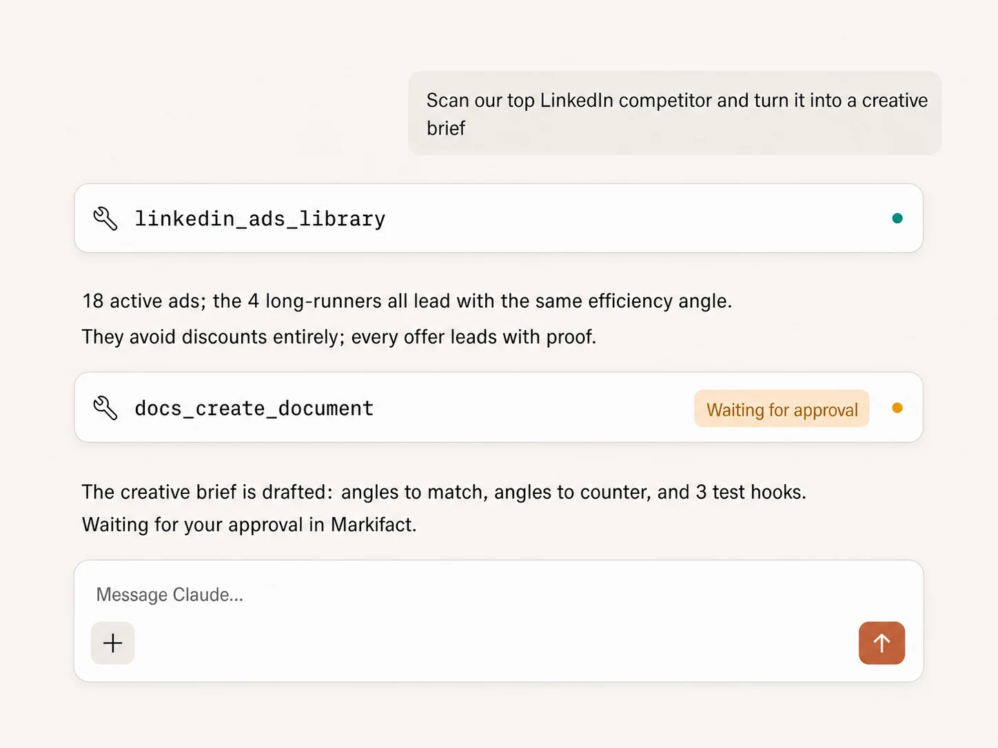 Example Claude workflow turning a LinkedIn competitor scan into an approval-gated creative brief
