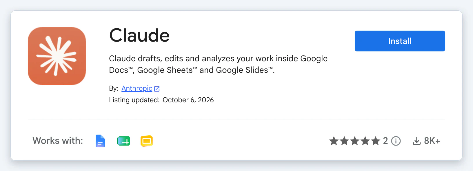 The Claude listing in the Google Workspace Marketplace